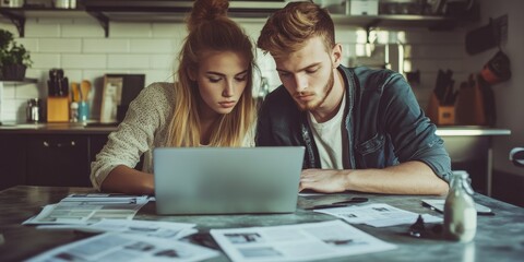 A young couple planning a budget for their first home, with real estate listings, financial documents, and a laptop on a kitchen counter