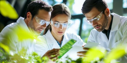 Wall Mural - A close-up of three environmental scientists discussing the impact of green energy their focused expressions and data charts reflecting commitment