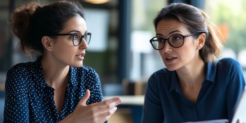 Two teachers in a close-up image discussing student feedback with serious expressions and a notepad between them their hands gesturing thoughtfully