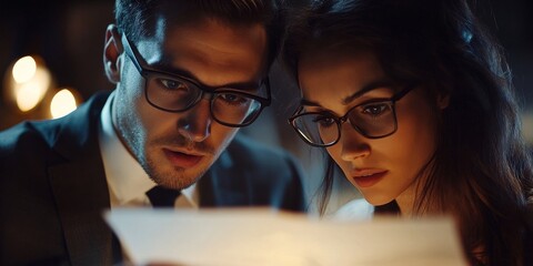Poster - Two professionals in formal attire close-up shot of them reviewing a proposal together serious expressions and focused eyes