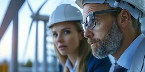 Two engineers in a close-up shot studying a wind turbine model their focused expressions reflecting the importance of sustainable energy innovation