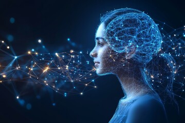 Poster - A futuristic digital image of a womans head with a glowing neural network symbolizing the fusion of technology and human consciousness in a high tech interconnected world