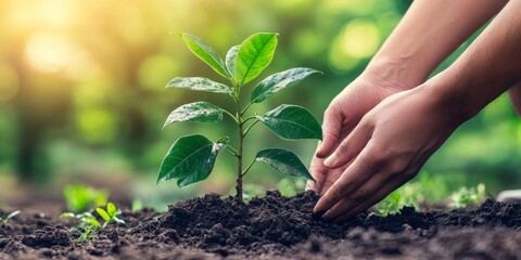 a close-up of two hands planting a tree as part of a green energy project the serious expressions of