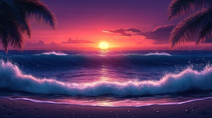 Poster - Tropical Sunset Over Ocean Waves With Palm Trees