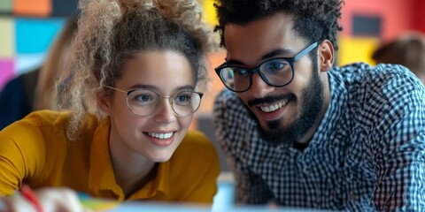 Aufkleber - Two teachers in a close-up image planning a classroom activity in a vibrant setting their focused faces showing dedication and creativity