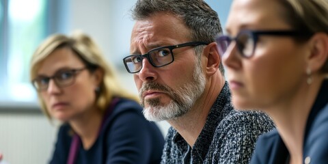 Aufkleber - A close-up of three educators in a staff meeting intensely discussing policy changes their expressions showing deep thought and concern