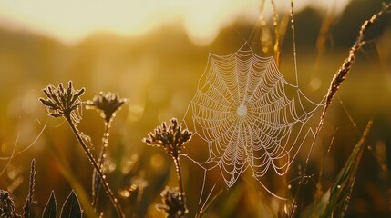Dew-Covered Spiderweb in a Golden Meadow