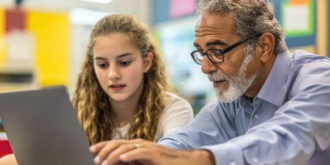 Aufkleber - Two educators in a close-up shot reviewing data on a laptop in a bright school office their faces showing thoughtful consideration and focus