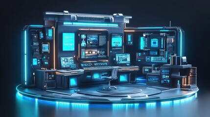 Sticker - Futuristic Tech Workstation with Blue Neon Lights and Monitors