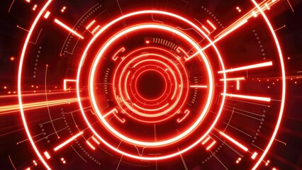 Wall Mural - Futuristic red digital tunnel framed by glowing circles and lines. Abstract vibrant background.