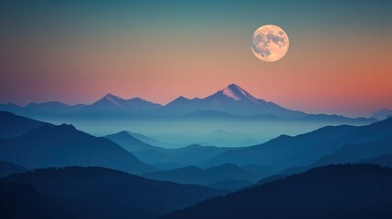 Wall Mural - Scenic view of the moon rising above majestic mountains, creating a tranquil and ethereal atmosphere in the evening sky