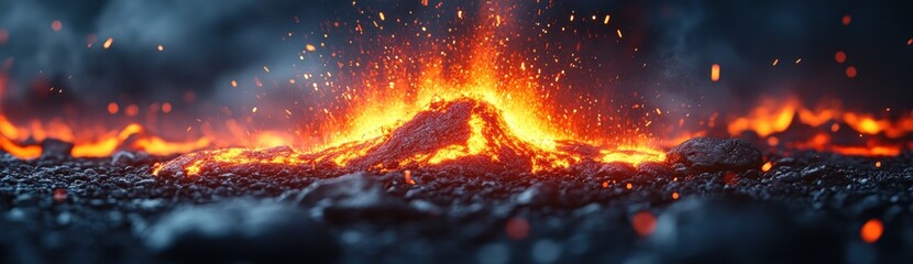 A close-up view of a volcanic eruption with molten lava flowing and sparks flying into the air.