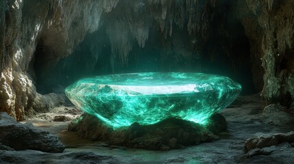 Sticker - Glowing Green Crystal in Cave with Stalactites