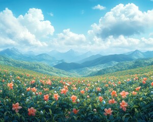 Sticker - Vibrant field of blooming orange and pink flowers against serene mountainous landscape with blue skies and fluffy clouds