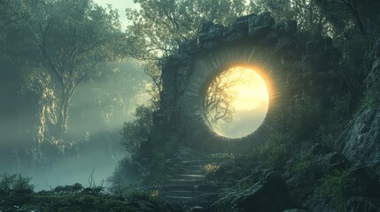 Poster - Mystical Stone Portal in a Foggy Forest at Sunrise