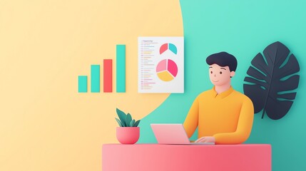 Illustration of a young man working on a laptop with colorful charts and plant in a modern, vibrant workspace.