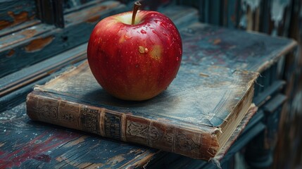 A single red apple, glistening with water droplets, rests on the cover of an old, worn book.