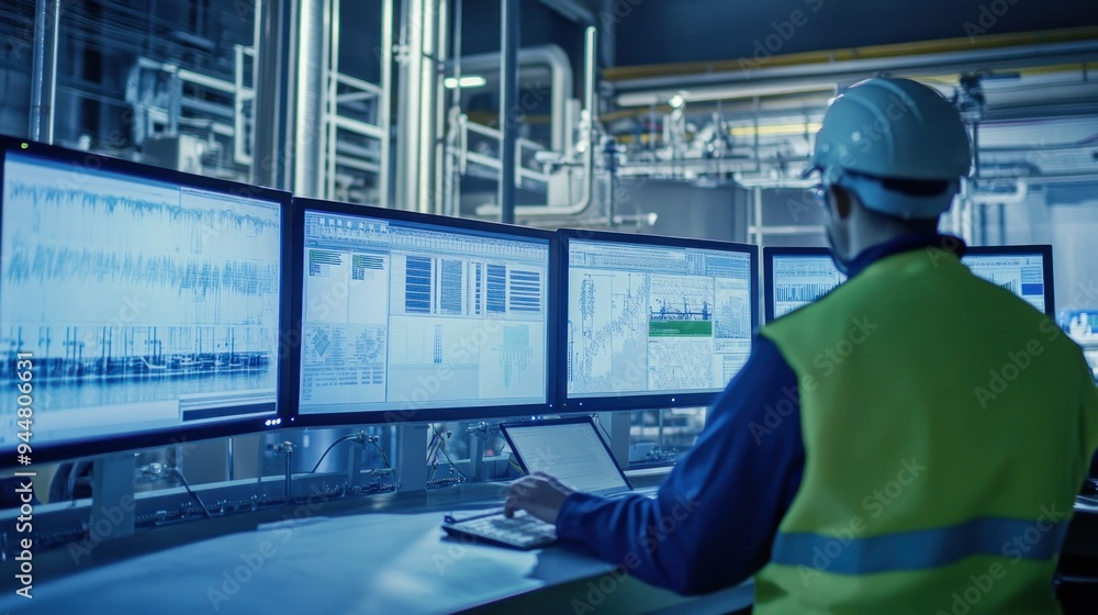 Engineers reviewing blueprints and monitoring systems in a wastewater ...