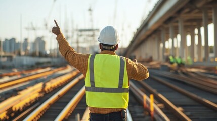 Foreman directing construction activities at a high-speed rail project site adjacent to an expressway bridge