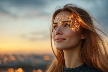 Poster - Woman with Puzzle Overlay on Her Face Representing the Search for Identity Self Discovery and the Emotional Journey of Understanding Oneself in a Modern Context