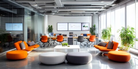 High-tech modern office with ergonomic furniture digital displays and collaborative areas designed for maximum productivity and creativity