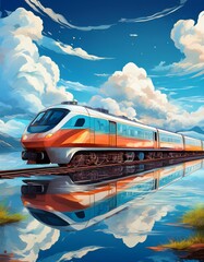 Canvas Print - Train on the river. Blue sky with clouds. Vector illustration.