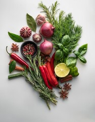 Wall Mural - Fresh herbs, spices and vegetables on a white background. Top view