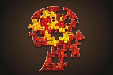 Canvas Print - Side Profile of a Human Head with Red and Yellow Puzzle Pieces Symbolizing Mental Health Awareness Cognitive Challenges and the Complexity of the Human Mind