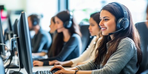 Fototapete - Dedicated customer support team assisting clients with queries and issues using digital tools and personalized service in a modern office