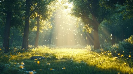 Sticker - Sunbeams Through Trees in Lush Forest