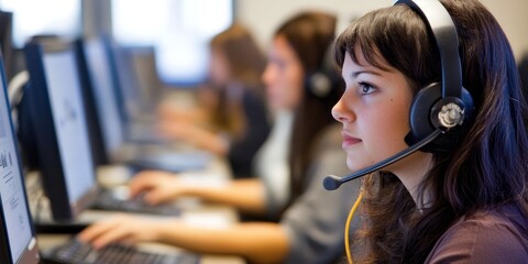 Fototapete - Professional customer support representatives providing comprehensive assistance through phone and online chat in a high-tech support center