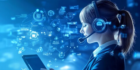 Fototapete - Comprehensive customer support service with agents using digital platforms and personalized attention to address client needs in a contemporary setting
