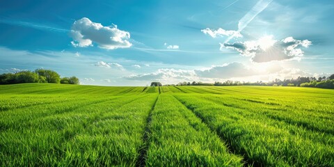 Canvas Print - Vibrant green fields under a clear blue sky Serene rural scenery