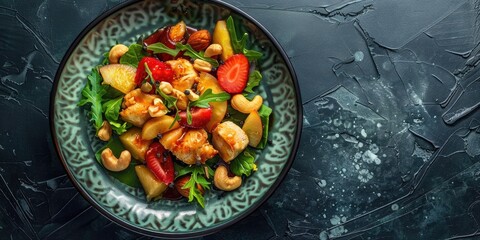 Nordic designed plate with Traditional German lamb s lettuce chicken breast fruit and cashew nuts served in spicy sweet and sour sauce top view with copy space