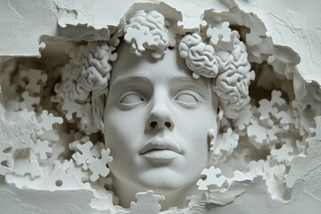 Canvas Print - Stone Sculpture of a Womans Head with Puzzle Pieces Falling Away Representing Memory Loss Identity and the Fragile Nature of Human Thought in an Artistic Timeless Design