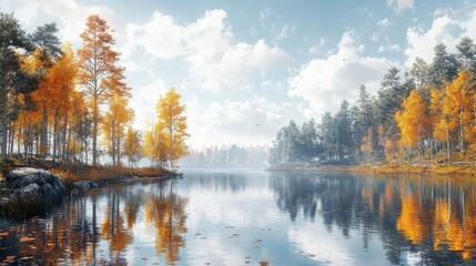 Poster - Autumn Forest Lake Reflection Landscape with Trees