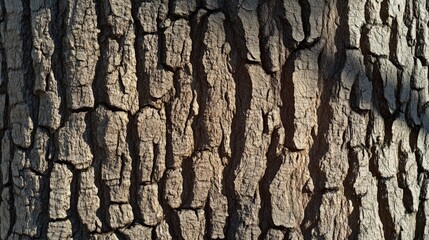 Close-up of tree bark, rough texture, sunlight filtering through leaves