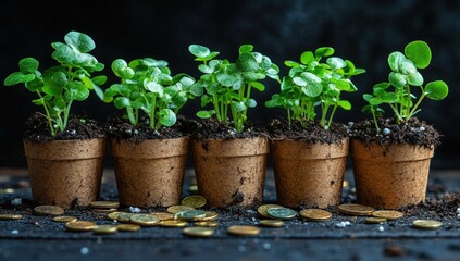 A row of seedlings in pots, representing growth and potential.