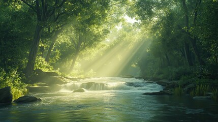 Wall Mural - Sunbeams Through Trees Over Forest Stream with Waterfall