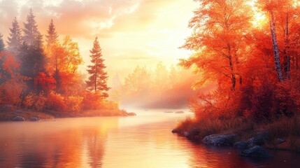 Poster - Autumn River Landscape with Golden Sunset and Colorful Trees