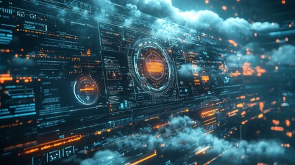 Wall Mural - futuristic cloud services technology, digital dashboards and interfaces floating in a virtual enviro