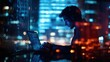 © Penatic Studio - Silhouetted Hacker Working on Laptop in Cityscape