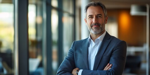 Poster - Professional executive portrait featuring a confident business leader in a modern office setting with soft lighting and detailed focus