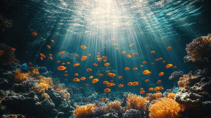 Poster - Underwater Coral Reef with Sunlight and Tropical Fish