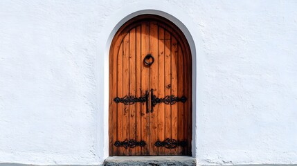 Wall Mural - 29. **An elegant arched wooden door with wrought iron details, set against a pristine white background.