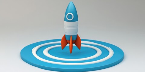 Aufkleber - Space rocket launch in a blue circle with stripes depicted in 3D cartoon rendering