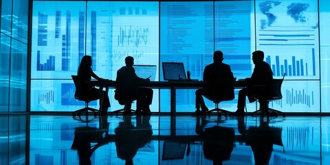 Leinwandbilder - Corporate professionals in a strategic meeting with detailed plans charts and graphs displayed in a stylish office