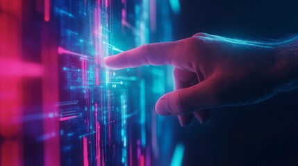 Wall Mural - manâ€™s hand touching a computer screen, navigating technology, cool digital light