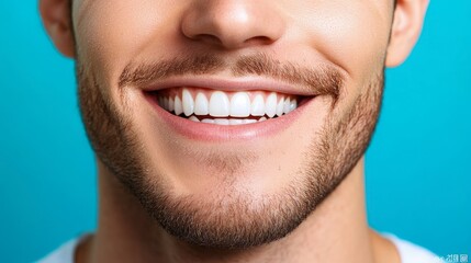 Man's face, close-up, grinning after a successful achievement, under bright, celebratory light