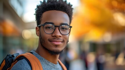 Wall Mural - Portrait of a Smiling Young Man Wearing Glasses and a Backpack